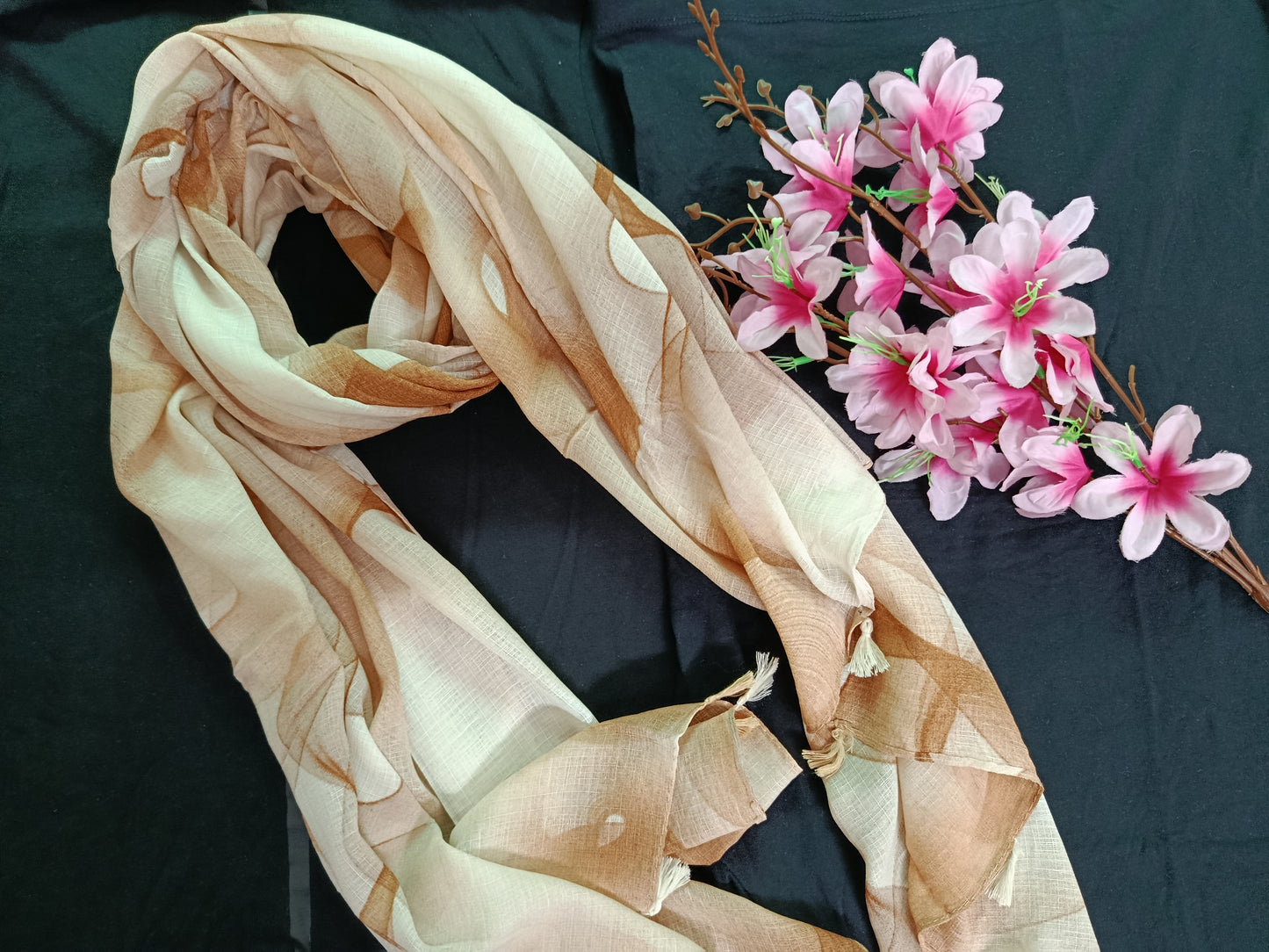 Spiral Pattern Hijab with Tassels (Off-white, Light Brown)