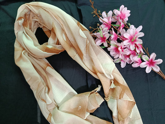 Spiral Pattern Hijab with Tassels (Off-white, Light Brown)