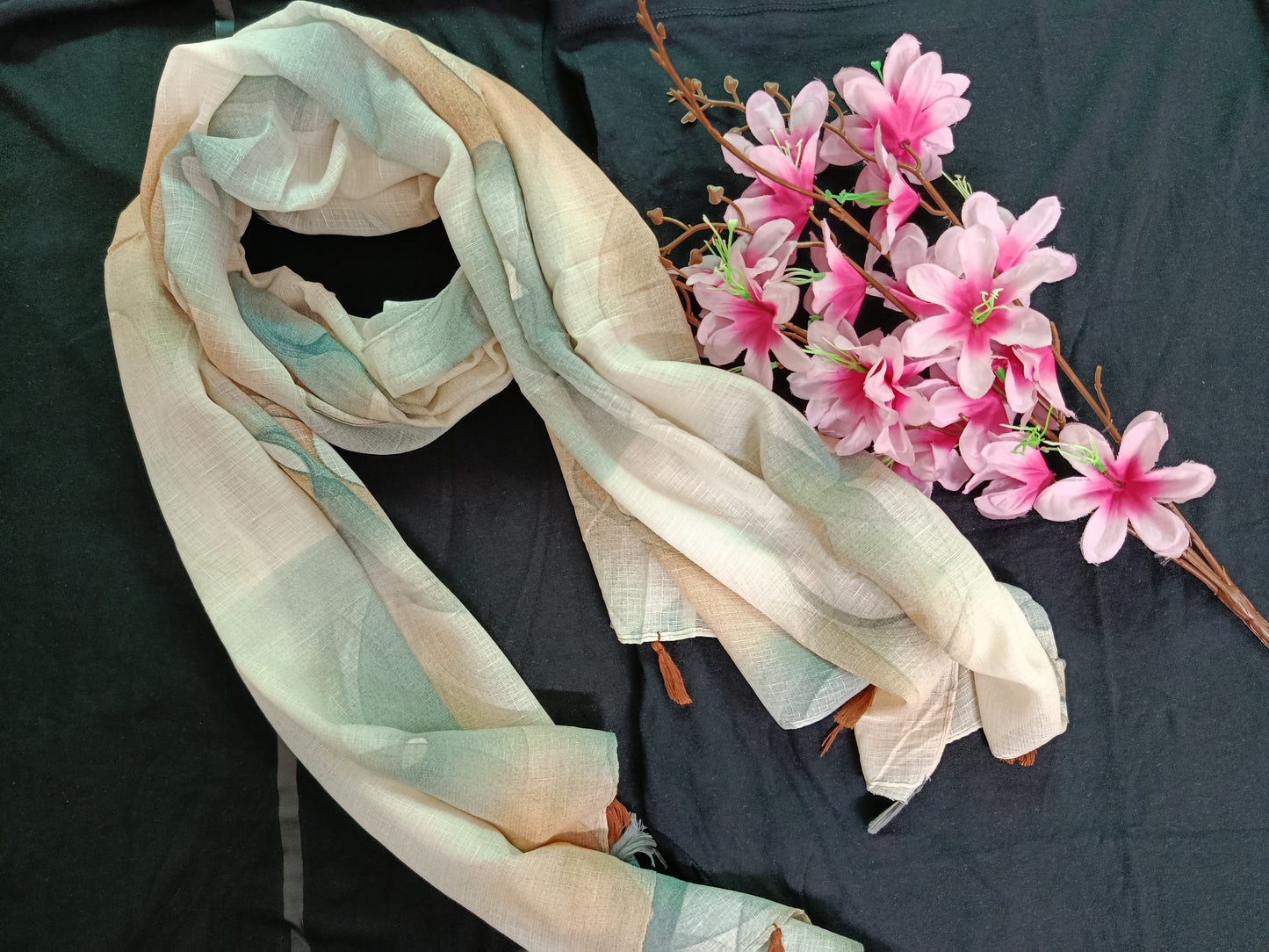 Spiral Pattern Stole with Tassels (Off-white, Green, Brown)