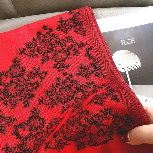 Raw Edge Style Summer Jacquard Red Stole