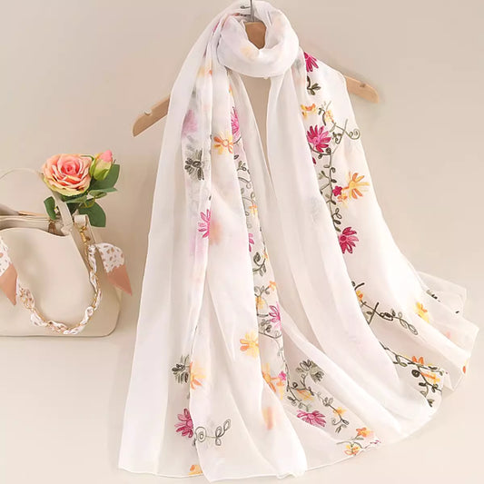 Floral Embroidered Off-white Stole