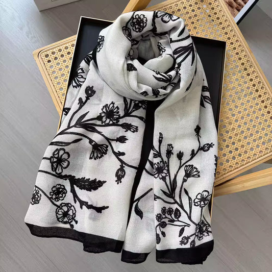 Ink Style free-hand orchid Black Siya Scarf