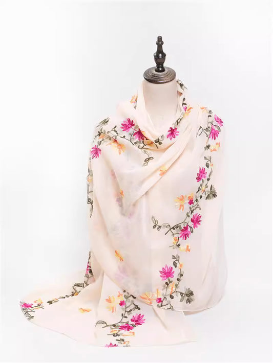 Floral Embroidered Off-white Stole