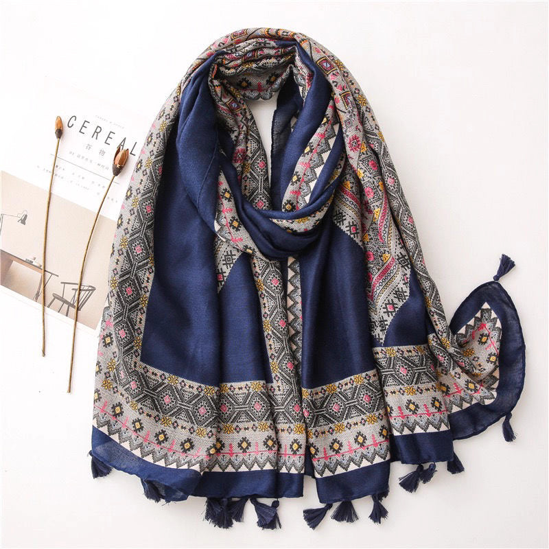 Diamond plaidartsy style Navy Blue stole with tassels