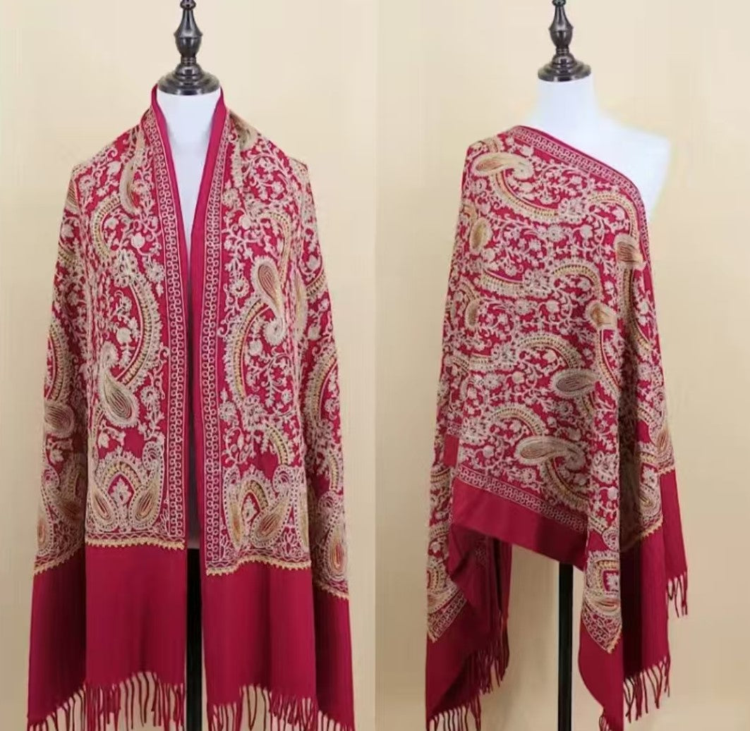 Chestnut Red Embroidered Cashmere Wool shawl