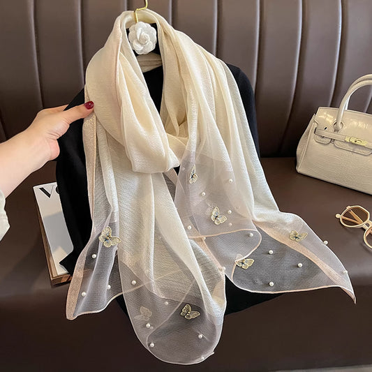 Pearl Butterfly White Silk Scarf