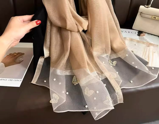 Pearl Butterfly Golden Silk Scarf