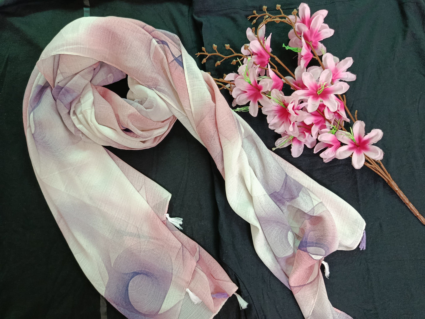 Spiral Pattern Stole with Tassels (Off-white, Pink, Indigo)