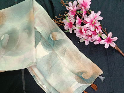 Spiral Pattern Stole with Tassels (Off-white, Green, Brown)