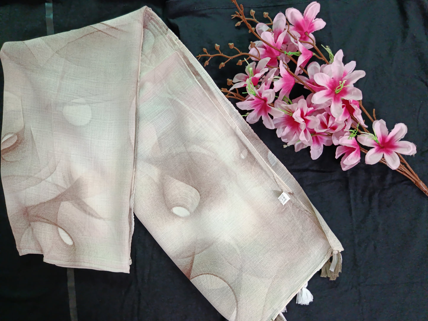 Spiral Pattern Hijab with Tassels (Off-white, Dark Brown)