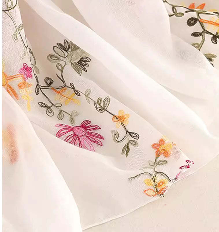 Floral Embroidered Off-white Stole