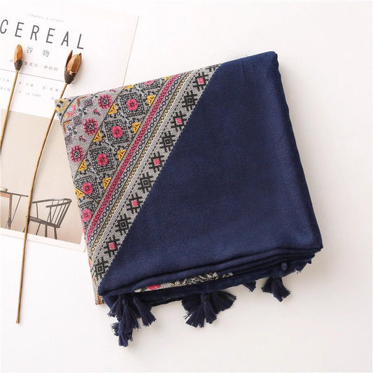 Diamond plaidartsy style Navy Blue stole with tassels