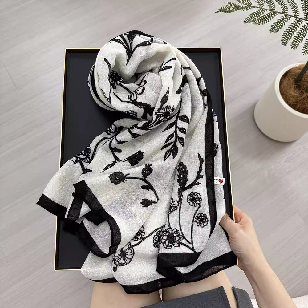 Ink Style free-hand orchid Black Siya Scarf