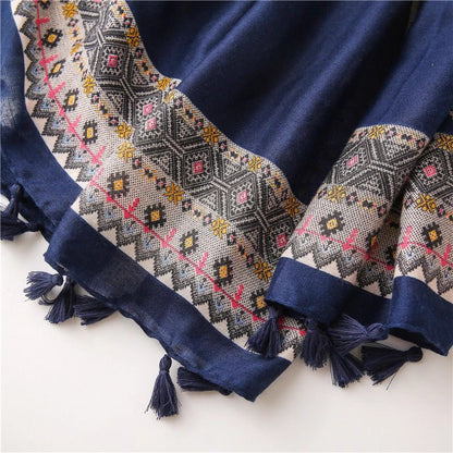 Diamond plaidartsy style Navy Blue stole with tassels