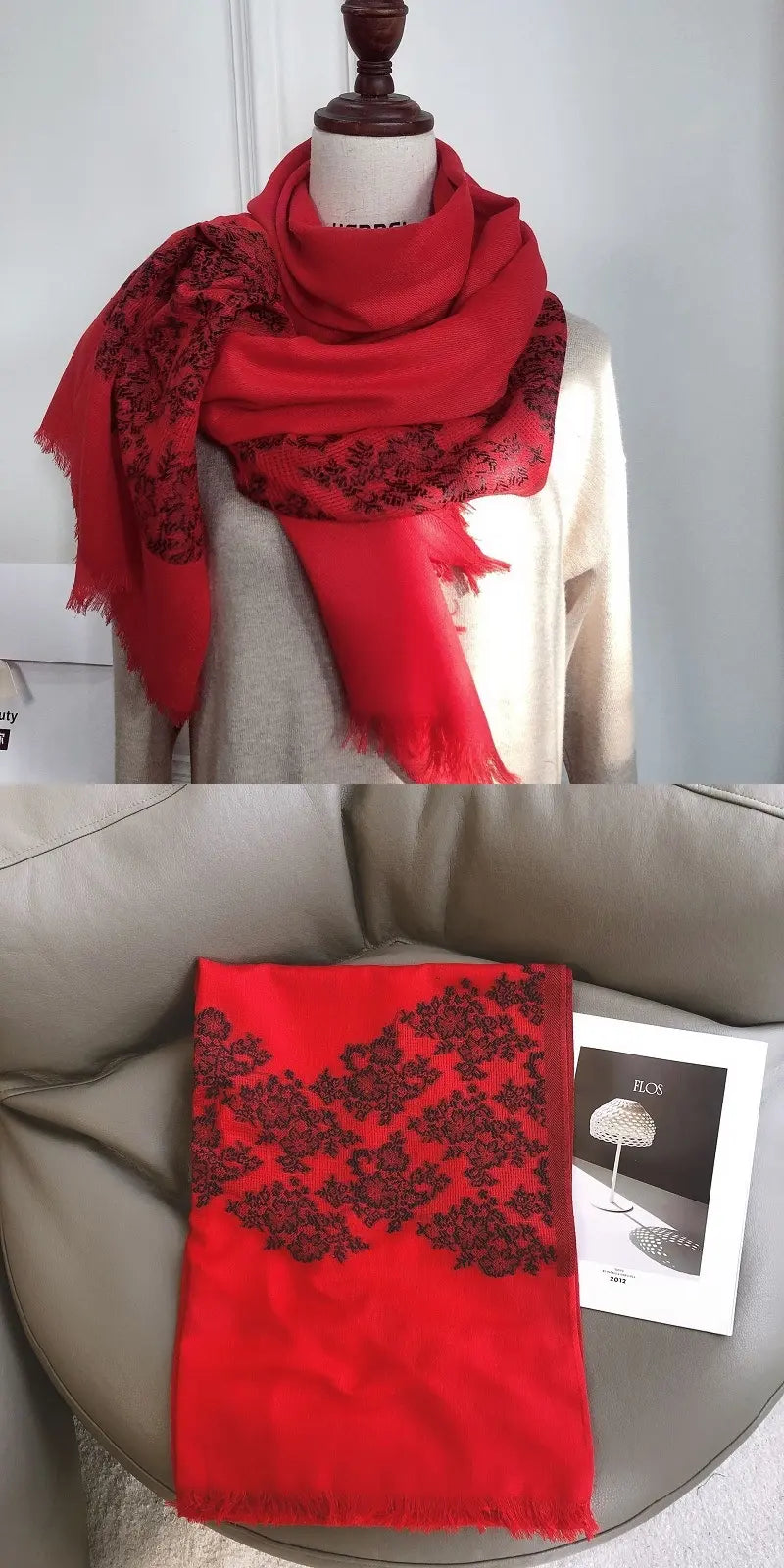 Raw Edge Style Summer Jacquard Red Stole