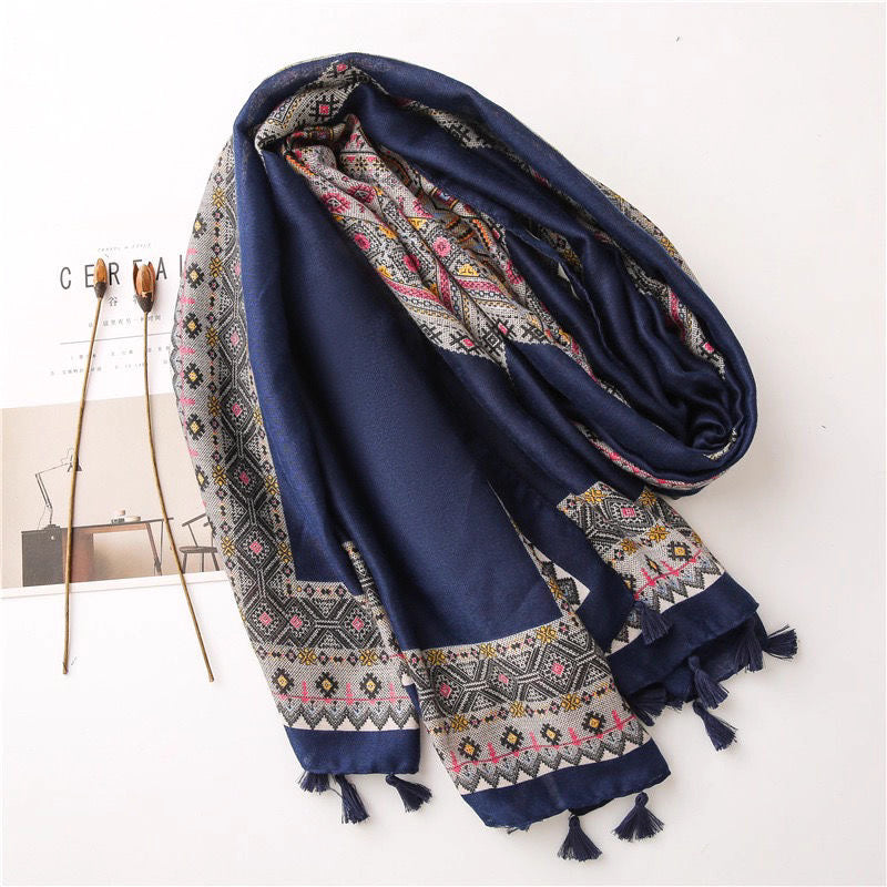 Diamond plaidartsy style Navy Blue stole with tassels