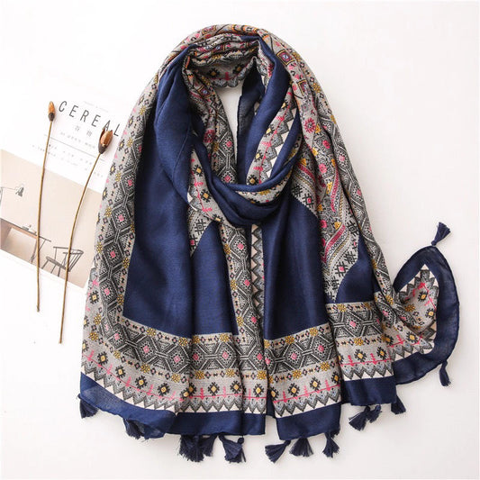 Diamond plaidartsy style Navy Blue stole with tassels