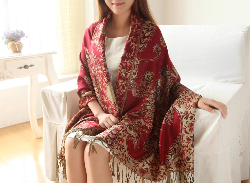Red Pashmina Shawl with light Glitter touch for Winter and Autumn