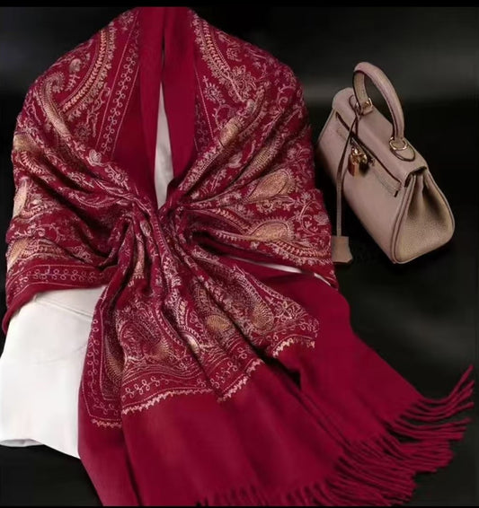 Chestnut Red Embroidered Cashmere Wool shawl