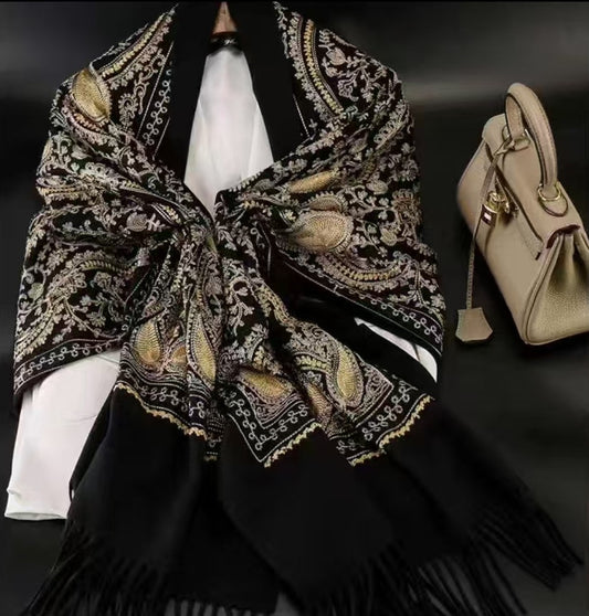 Black Embroidered Cashmere Wool shawl