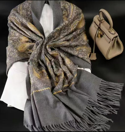 Cashew Grey Embroidered Cashmere Wool shawl