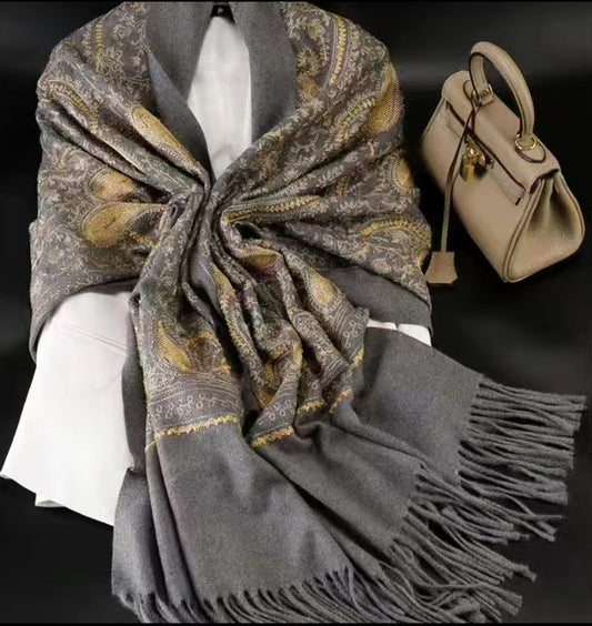 Cashew Grey Embroidered Cashmere Wool shawl