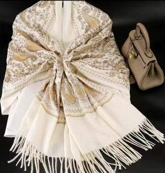 White Embroidered Cashmere Wool shawl
