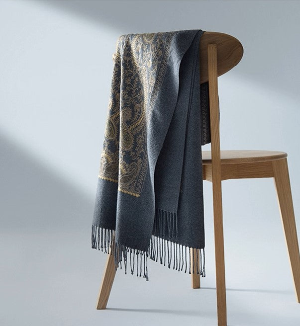 Cashew Grey Embroidered Cashmere Wool shawl
